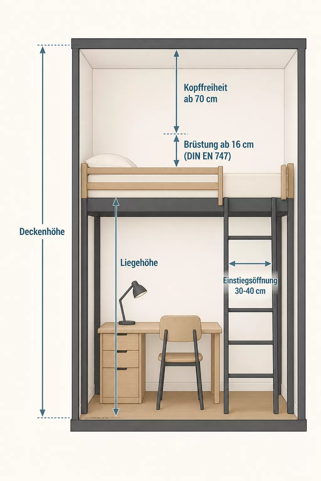 Infografik: Zimmerhöhe, Kopffreiheit und Brüstungsmaß fürs Hochbett