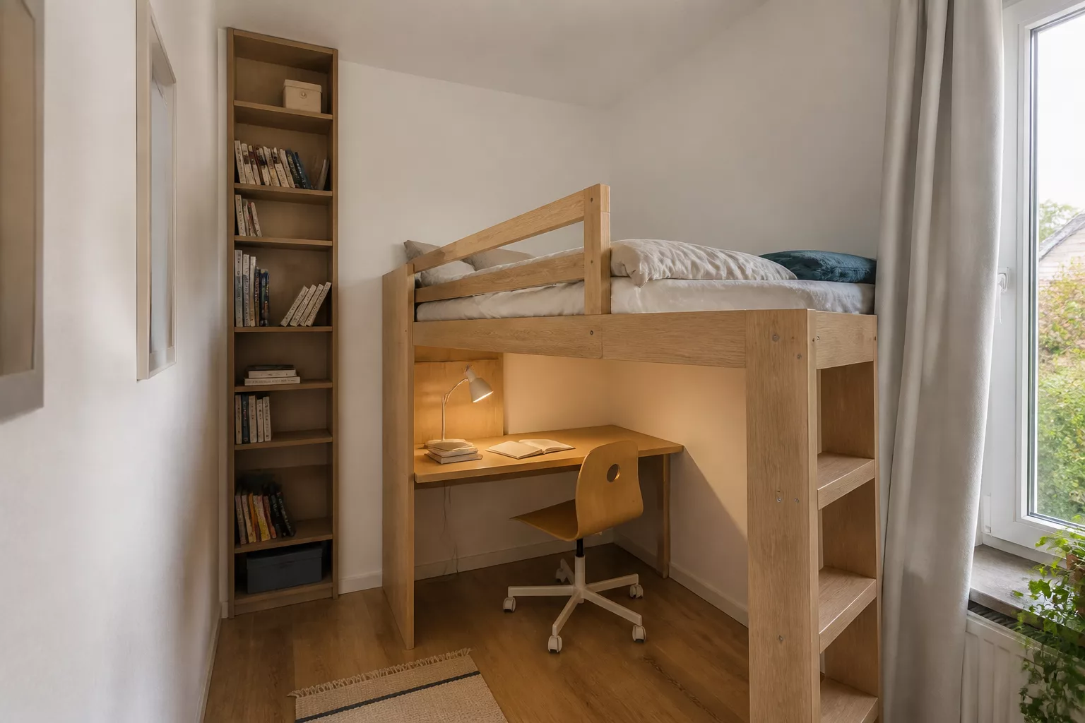 Jugendzimmer Ideen für kleine Räume: Hochbett mit Schreibtisch darunter