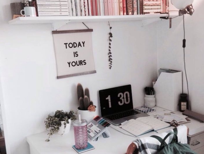 minimalistische einrichtung zimmer tumblr schreibtisch offenes regal mit büchern poster mit inspirierendem zitat teenager zimmer trendig einrichten
