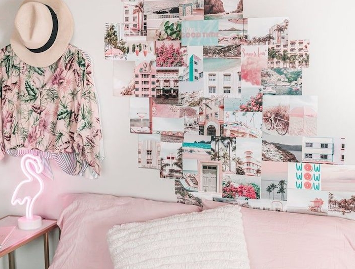 pink rosa ästhetik schlafzimmer flamingo lampe wandgestaltung jugendzimmer mädchen wand mit collage florales hemd