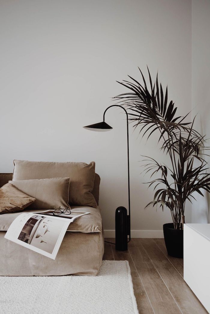 schwarze moderne stehlampe minimalistisches interior design 2020 interior trends hellbraunes sofa wohnzimmer einrichtungsideen modern stilvolle deko grüne pflanze