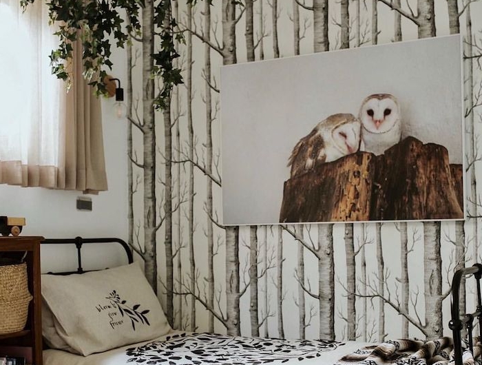 teenager schlafzimmer einrichten deko birkenstamm tapete großes bild von zwei eulen grüne hängende pflanzen boho chic einrichtung