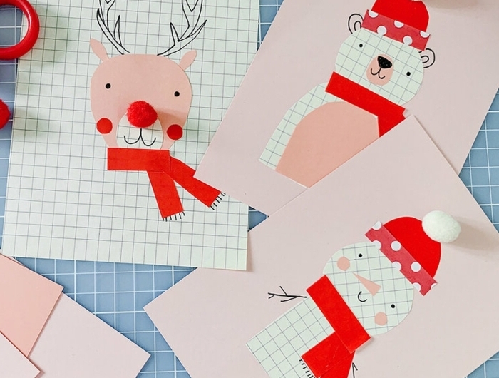 1 weihnachtsbasteln mit kindern weihanchtskarten schneeman bär hirsch aus papier bastelideen für den winter