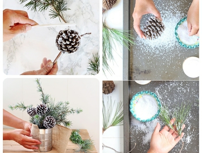 1 weihnachtsdeko selber machen tannenzapfen mit kunstschnee und weißer farbe dekorieren diy ideen für weihnachten