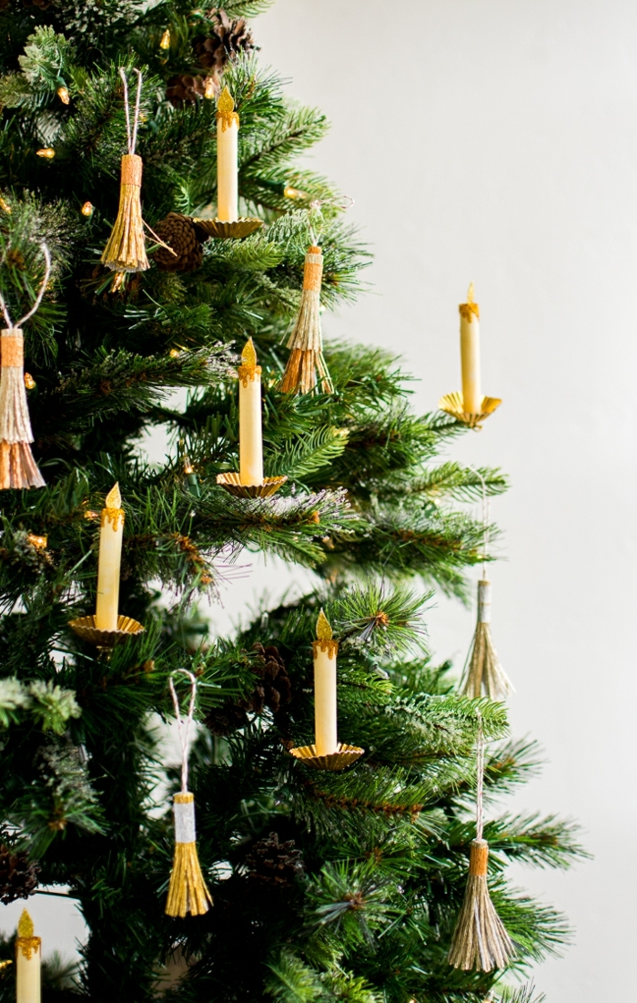 2 bastelideen weihnachten einfach christbaumschmuck selber machen goldene kerzen aus papier schritt für schritt anleutung