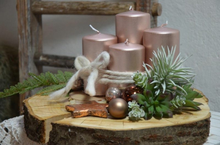 adventskranz holz selber machen scheibe mit vier rosa kerzen binden kugeln sterne kupfer pflanzen