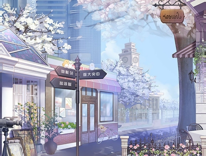 aesthetic anime wallpaper in der stadt blühende kirschenbäume straßen rosa pastelfarben
