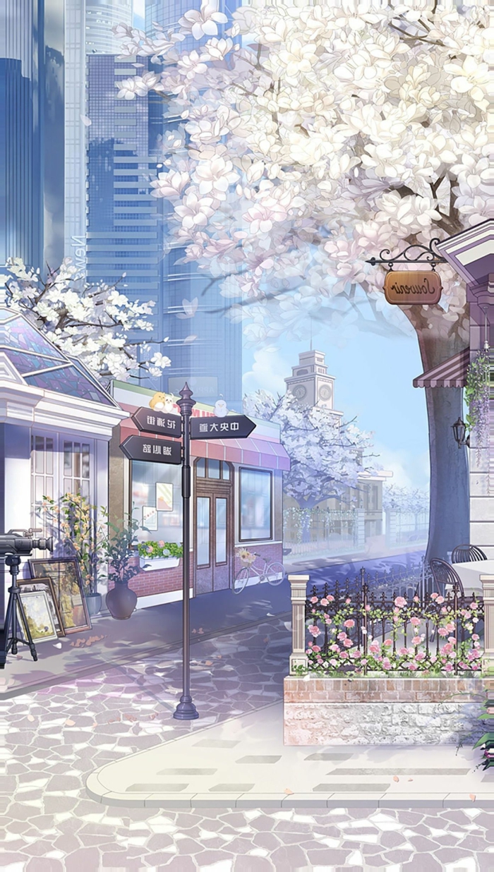 aesthetic anime wallpaper in der stadt blühende kirschenbäume straßen rosa pastelfarben