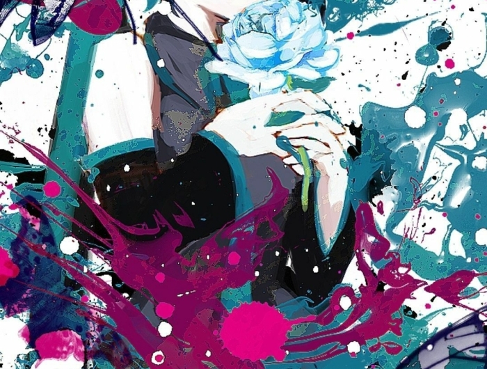 aesthetic anime wallpaper mädchen in lila blau weiße kleidung abstrakt blaue schmetterling rosa im hand