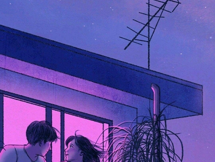 aesthetic anime wallpaper mädchen und mann an der terrasse wohnung romanitisch himmel lila rosa untergang