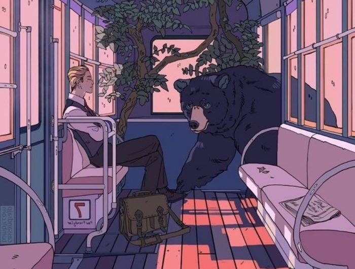 anime aesthetik wallpaper phone junge im bus sitzen bär kommt baume lila farben