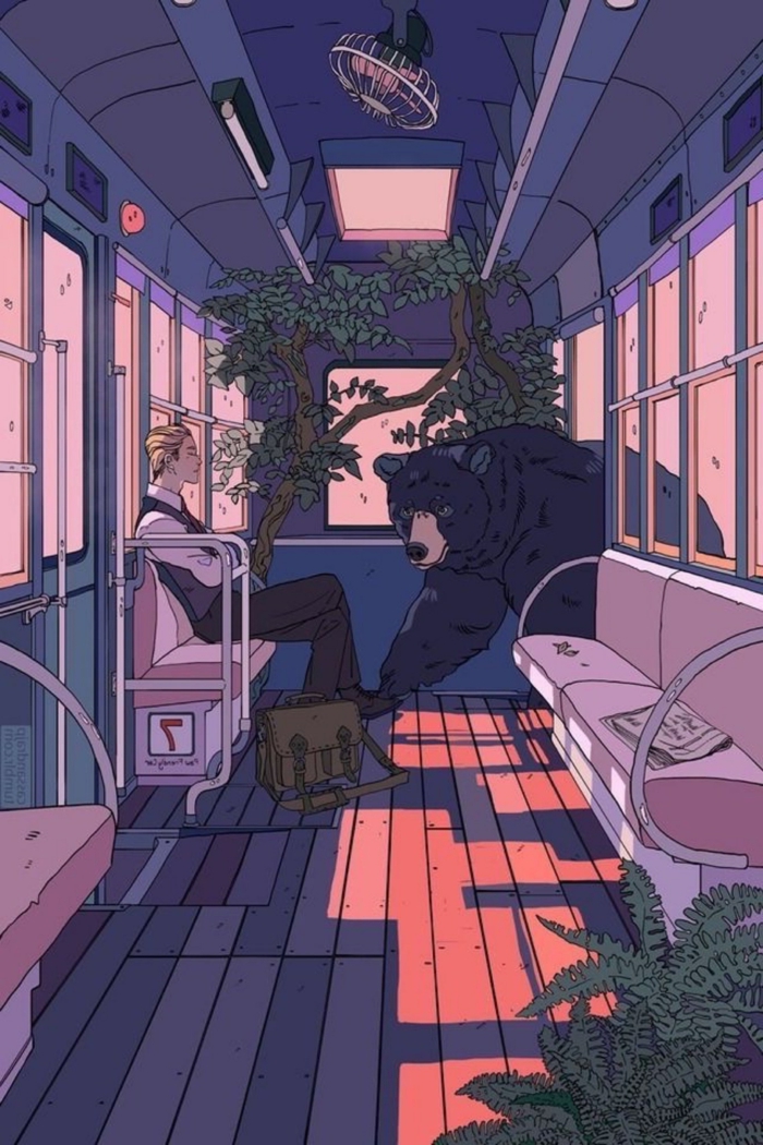 anime aesthetik wallpaper phone junge im bus sitzen bär kommt baume lila farben