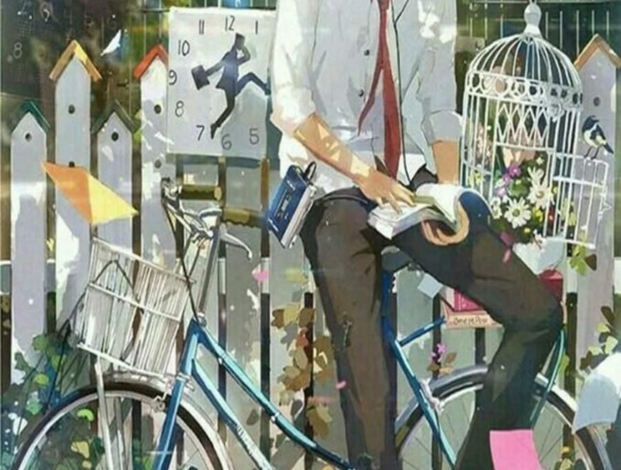 anime boy wallpaper handy junger mann sitzt auf blauem fahrrad buch taube fliegt käfer