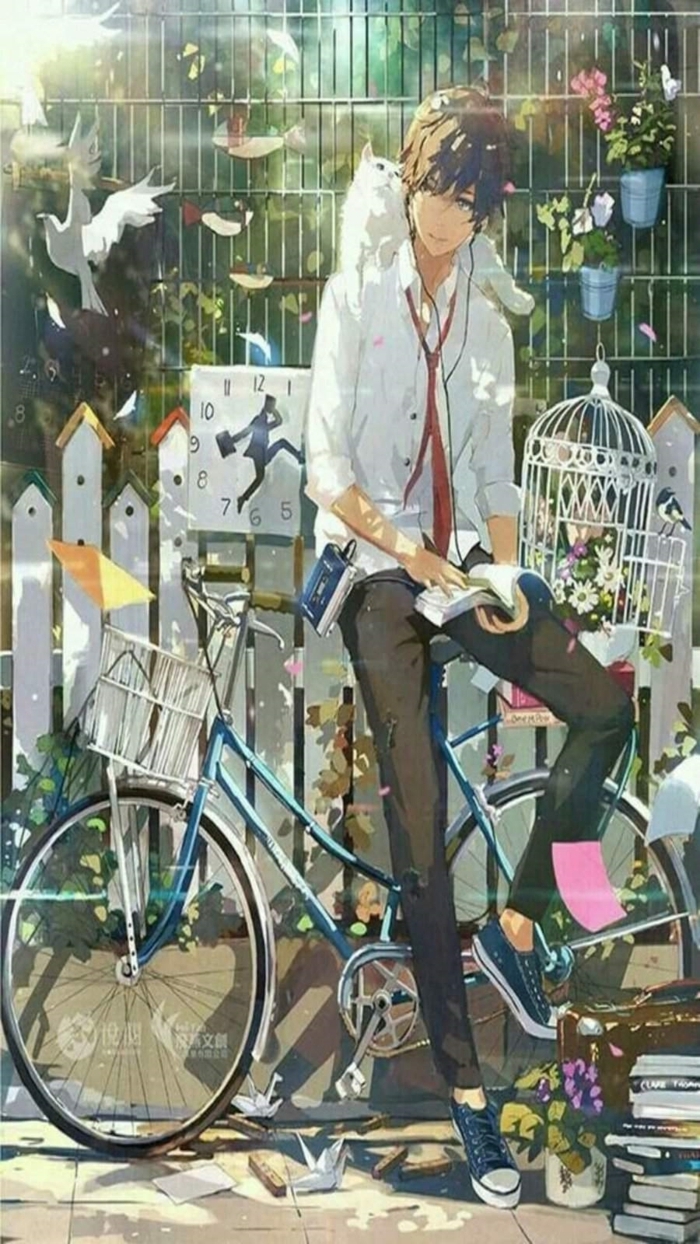 anime boy wallpaper handy junger mann sitzt auf blauem fahrrad buch taube fliegt käfer