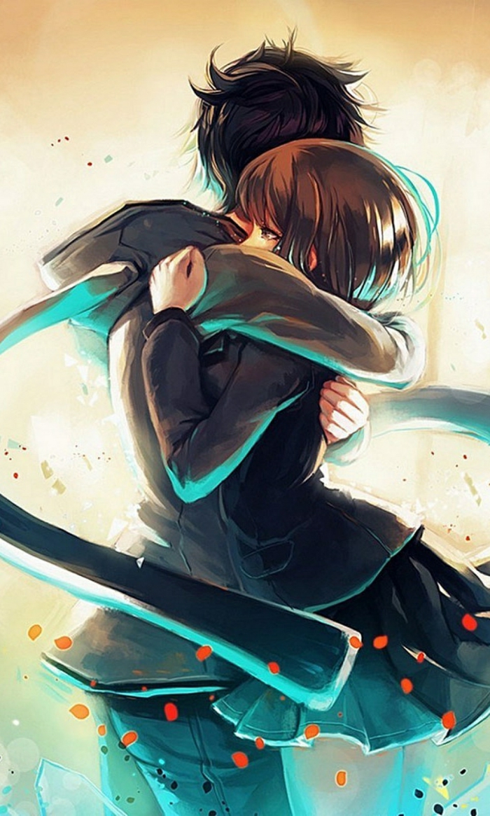 anime boy wallpaper junge und mädchen sich umarmen romantisch blau schwarz
