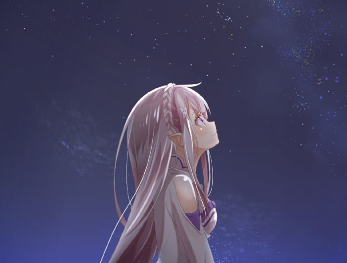 anime girl iphone wallpaper nacht mädchen mit blonden haaren schaut zum himmer blumen