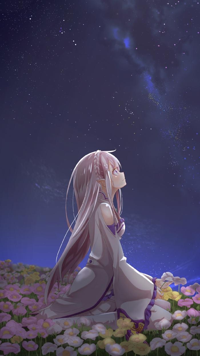 anime girl iphone wallpaper nacht mädchen mit blonden haaren schaut zum himmer blumen