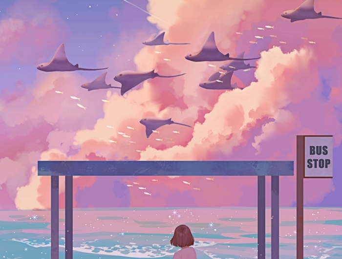 anime girl wallpaper handy am strand haltestelle sitzt wolken sonnenuntergang fliegen mädchen im rücken