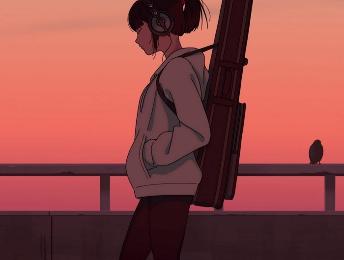 anime wallpaper iphone mädchen musik mit guitar rosa lila himmel sonnenuntergang