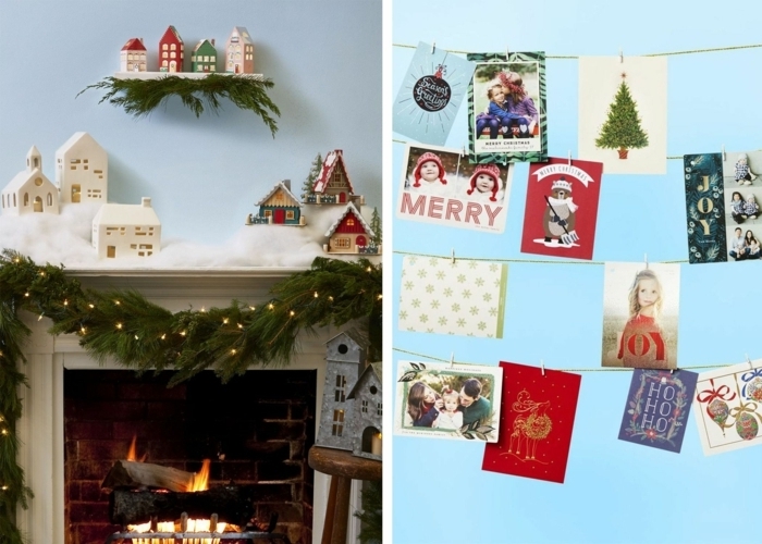 außgefallene weihnachtsdeko selber machen kamin festlich dekorieren viele kleine bilder girlande aus zannenzweigen und lichterketten weihnachten basteln