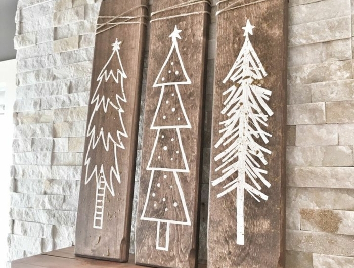 bastelideen für weihnachten holzplatten dekoriert mit weißerfarbe tannenbaum malen verschiedene designt bilder set