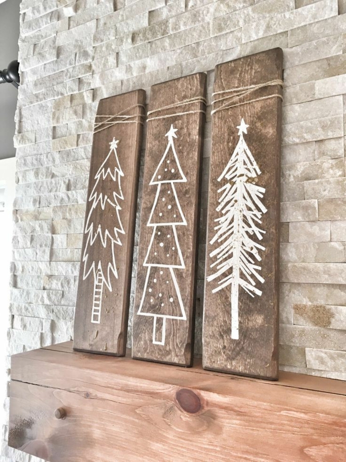 bastelideen für weihnachten holzplatten dekoriert mit weißerfarbe tannenbaum malen verschiedene designt bilder set