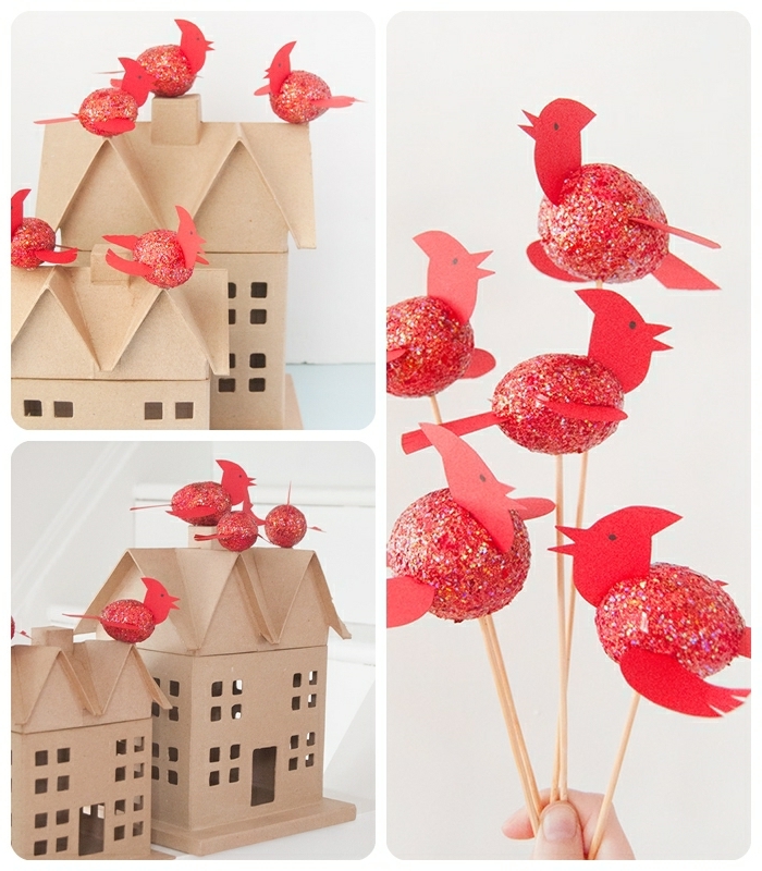 bastelideen für weihnachten weihnachtshäuschen aus pappe dekoriert mit roten vögeln glitzervögel diy ideen für kinder