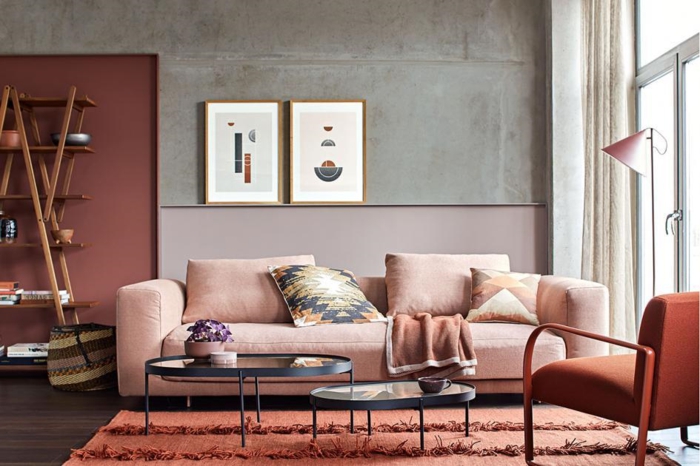 boho deko style boho einrichtung wohnzimmer mauve farbe rosa grau wände sofa mauve boho style