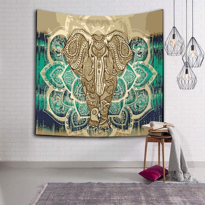 boho style deko wohnzimmer weiße wand wanddeko tuch elefant india
