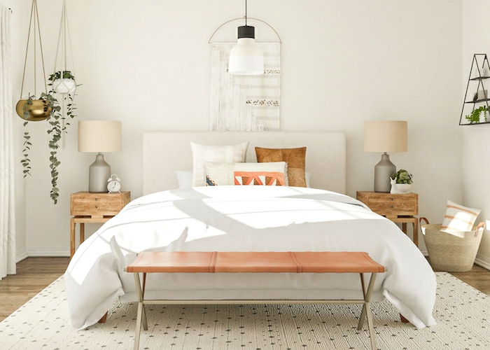 boho style schlafzimmer in weiß bettwäsche nachttische aus holz lampen weiß pflanzen