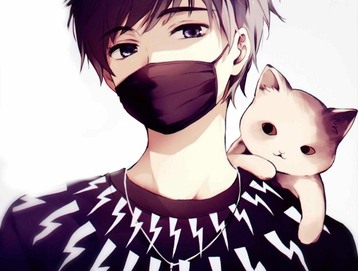 boy anime wallpaper junge schwarzer pulli maske katze am arm