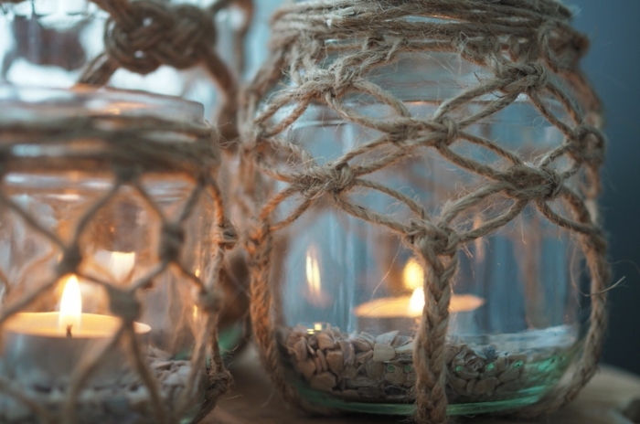 fischernetz knüpfen makramee windlichter zwei einmachgläser diy anleitung kerzenglas