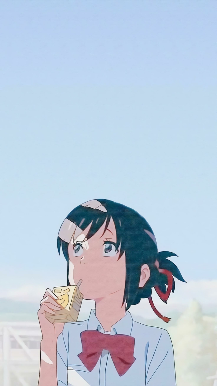 girl anime wallpaper handy mitsuha miyamizu mädchen trinkt saft blaue himmel