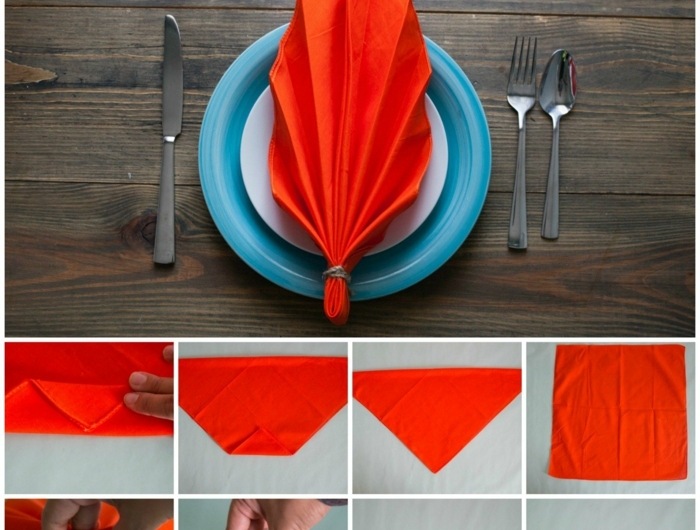 herbstblatt servietten falten einfach diy schritt für schritt anleitung blauer teller orange serviette tischdeko ideen