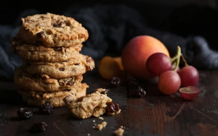 homemade organic oatmeal cookies with raisins and apricots on dark wooden background with apricot and grapes.