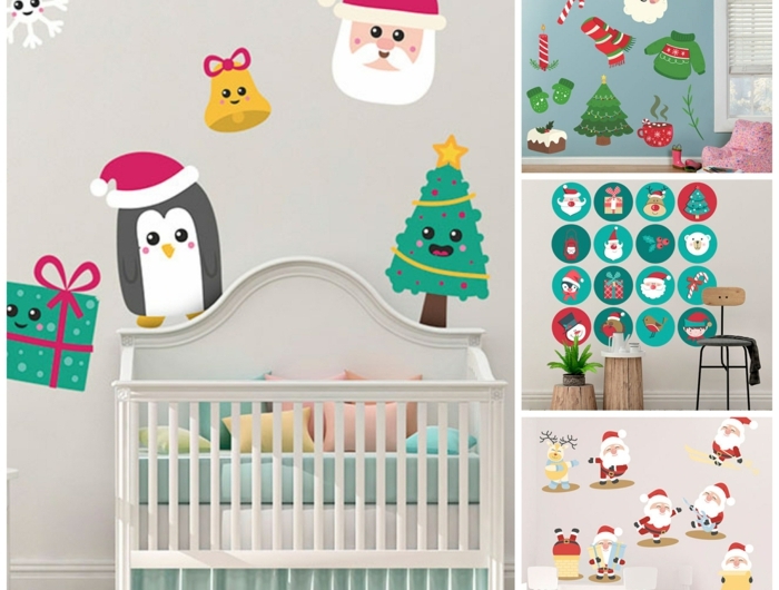 kinderzimmer dekorieren weihnachten wandtattoo weihnachtsfiguren weihnachtsmann penguin weihnachtsbaum dekoration inspiration