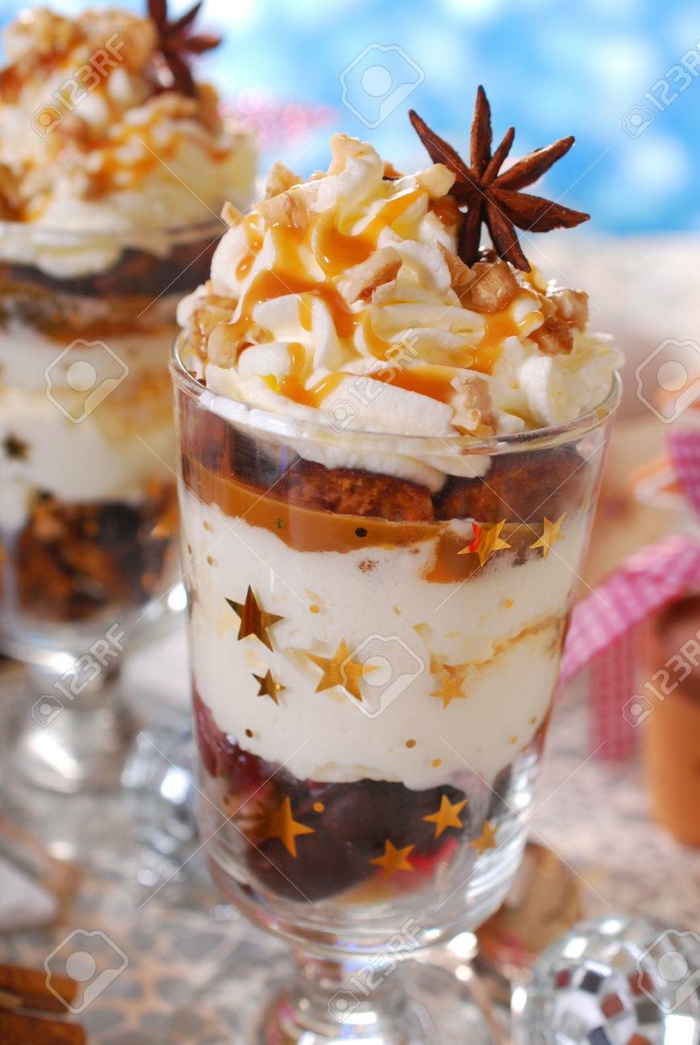 christmas dessert with gingerbread,whipped cream and caramel