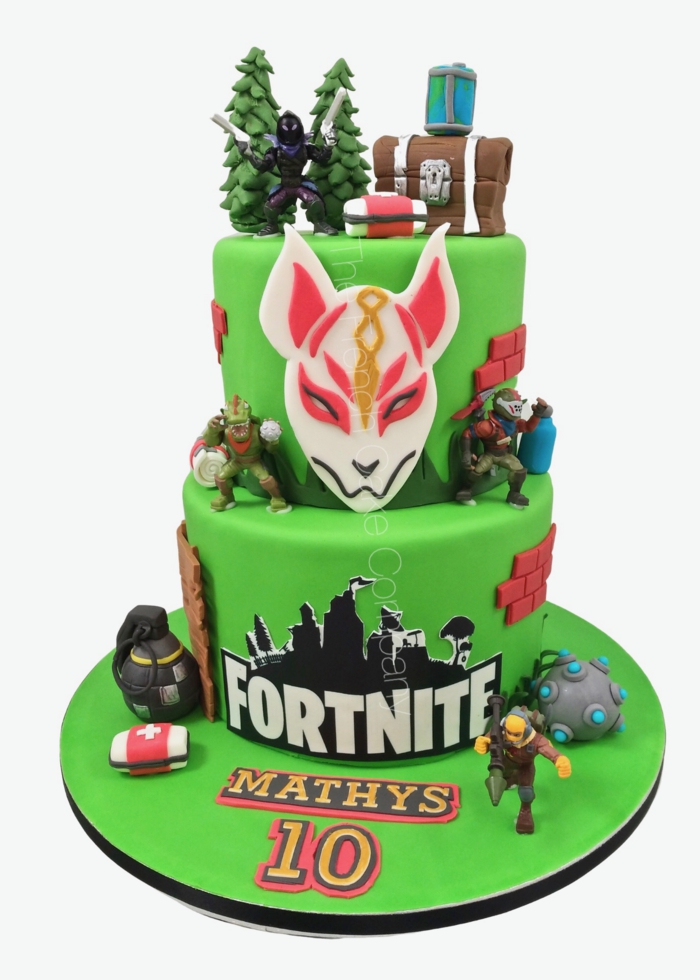 party grünegeburtstagstorte zwei etagen fornite kuchen dekoration figuren aus einem online spiel dekoration rotes tier figur