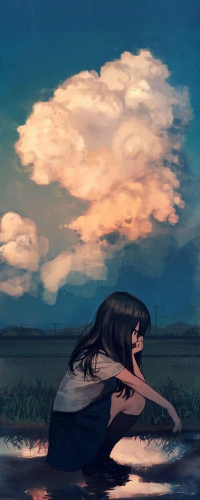 sad anime wallpaper iphone mädchen draußen regen große wolken