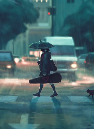 sad anime wallpaper regen mädchen mit ksten instrument regenschirm straße