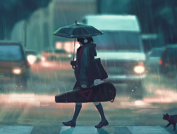 sad anime wallpaper regen mädchen mit ksten instrument regenschirm straße