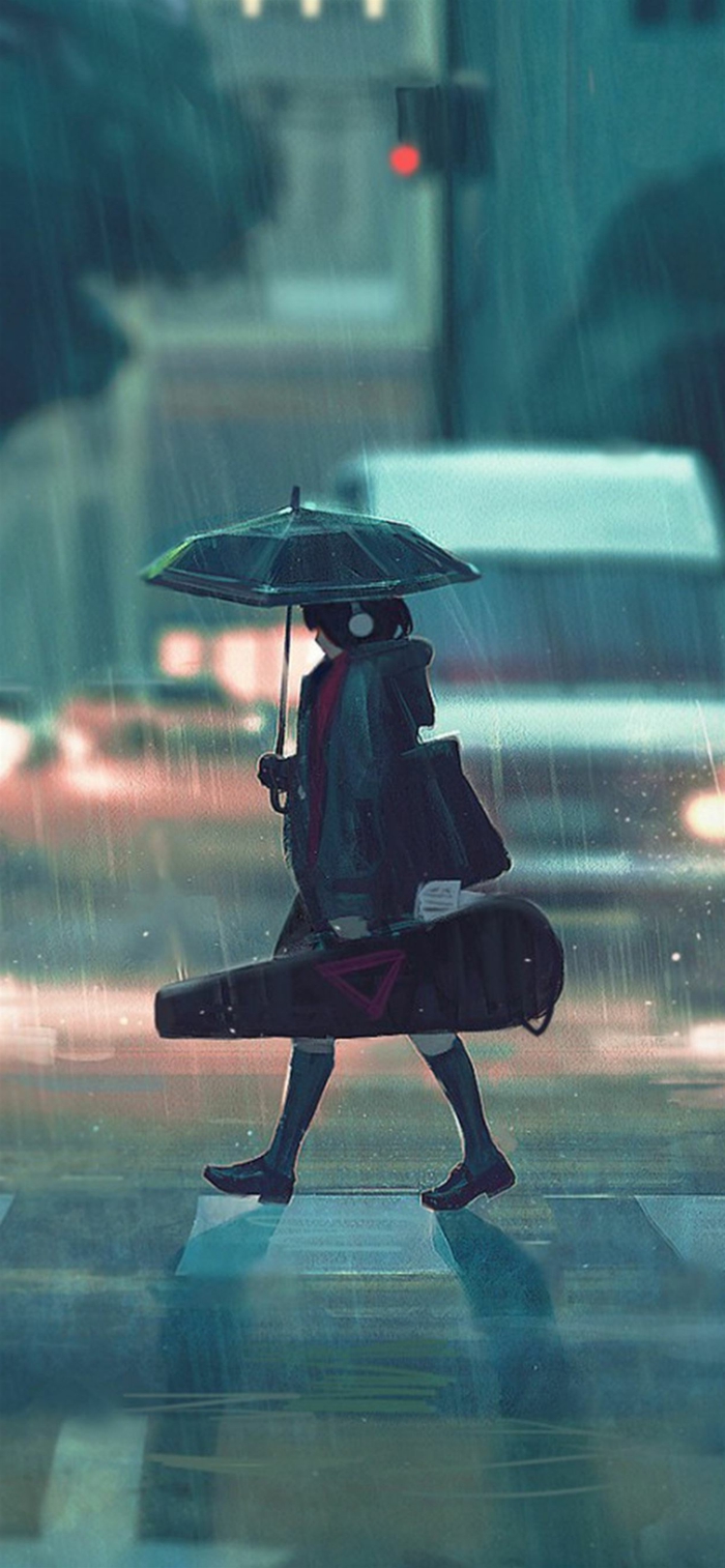 sad anime wallpaper regen mädchen mit ksten instrument regenschirm straße