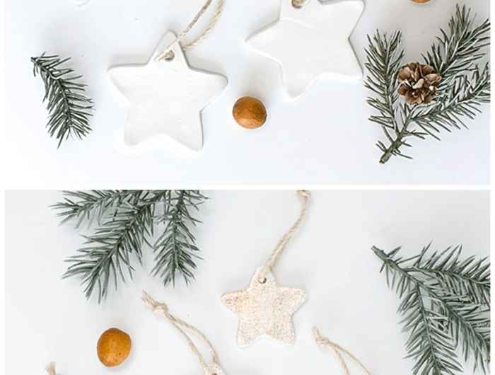tannenzweige und tannenzweige weihnachtsbaum dekoration aus ton selber machen sterne ornamente mit glitzer tannenbaum