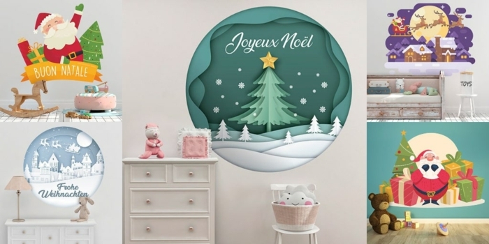 wandtattoo frohe weichnachten collage dekoration ideen weihnachtsmann rentiere geschenke kinderzimmer dekorieren