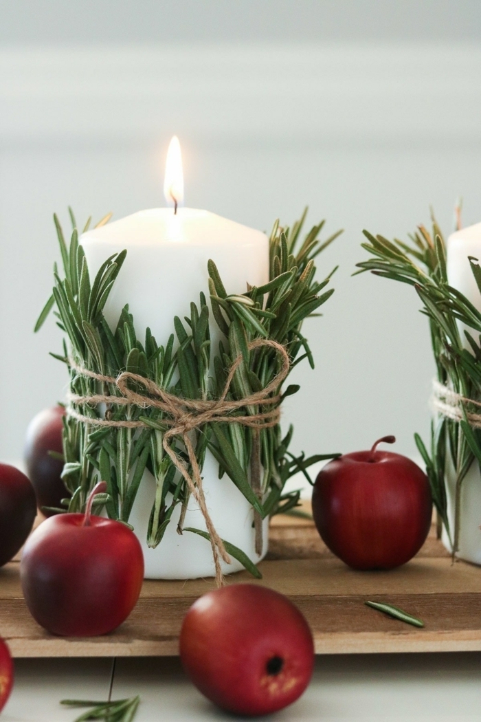 weihnachtsdeko selber machen naturmaterialien weihnachtskerzn kerzen weihnachtlich dekorieren äpfel tischdeko weihnachten