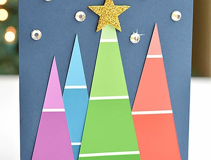 weihnachtskarten basteln kinder tannenbäume im ombre look sterne aus strassteinchen basteln mit papier