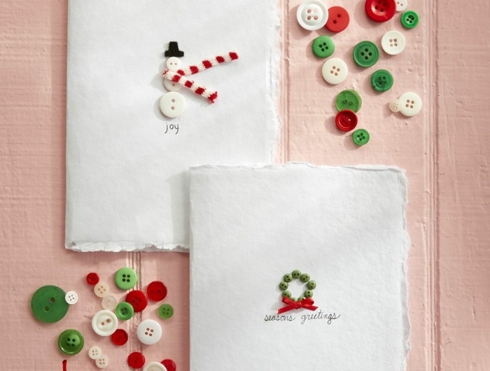 weihnachtskarten basteln kinder weiße kerten mit knöpfen dekorieren kartendeko ideen festlich