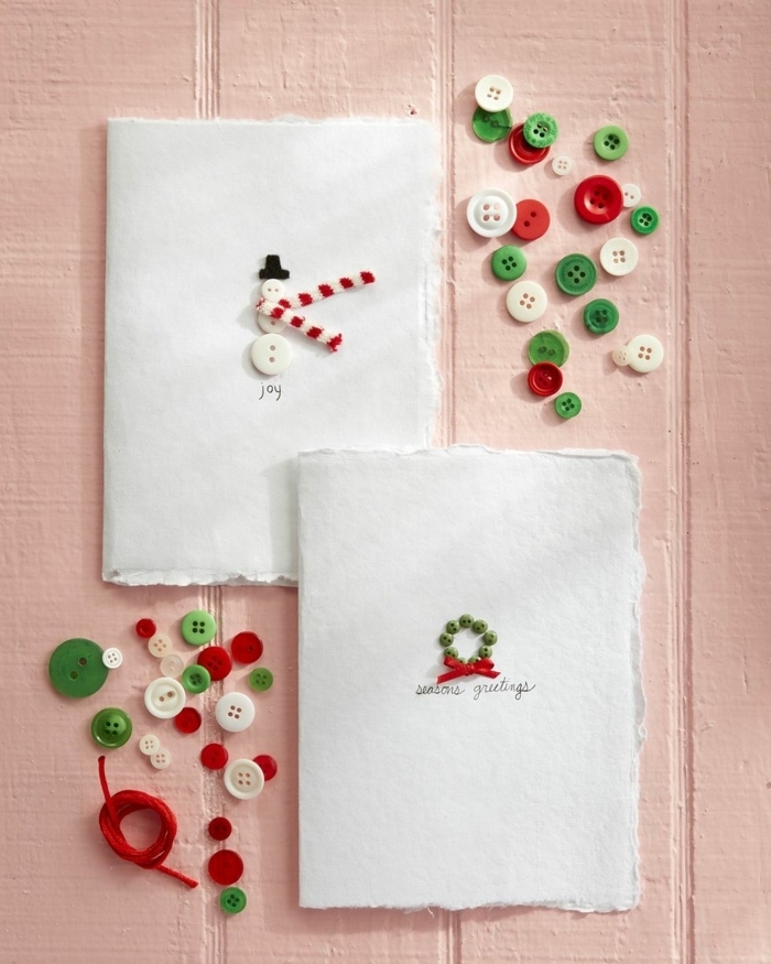 weihnachtskarten basteln kinder weiße kerten mit knöpfen dekorieren kartendeko ideen festlich
