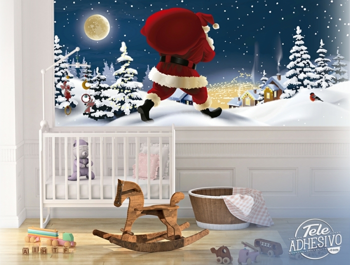 weihnachtsmann verteilt geschenke wandtattoo weihnachten originelle dekoration ideen große tapete kinderzimmer