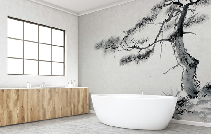 1 badezimmer einrichten große badewanne fototapete natur tapete mit großem baum